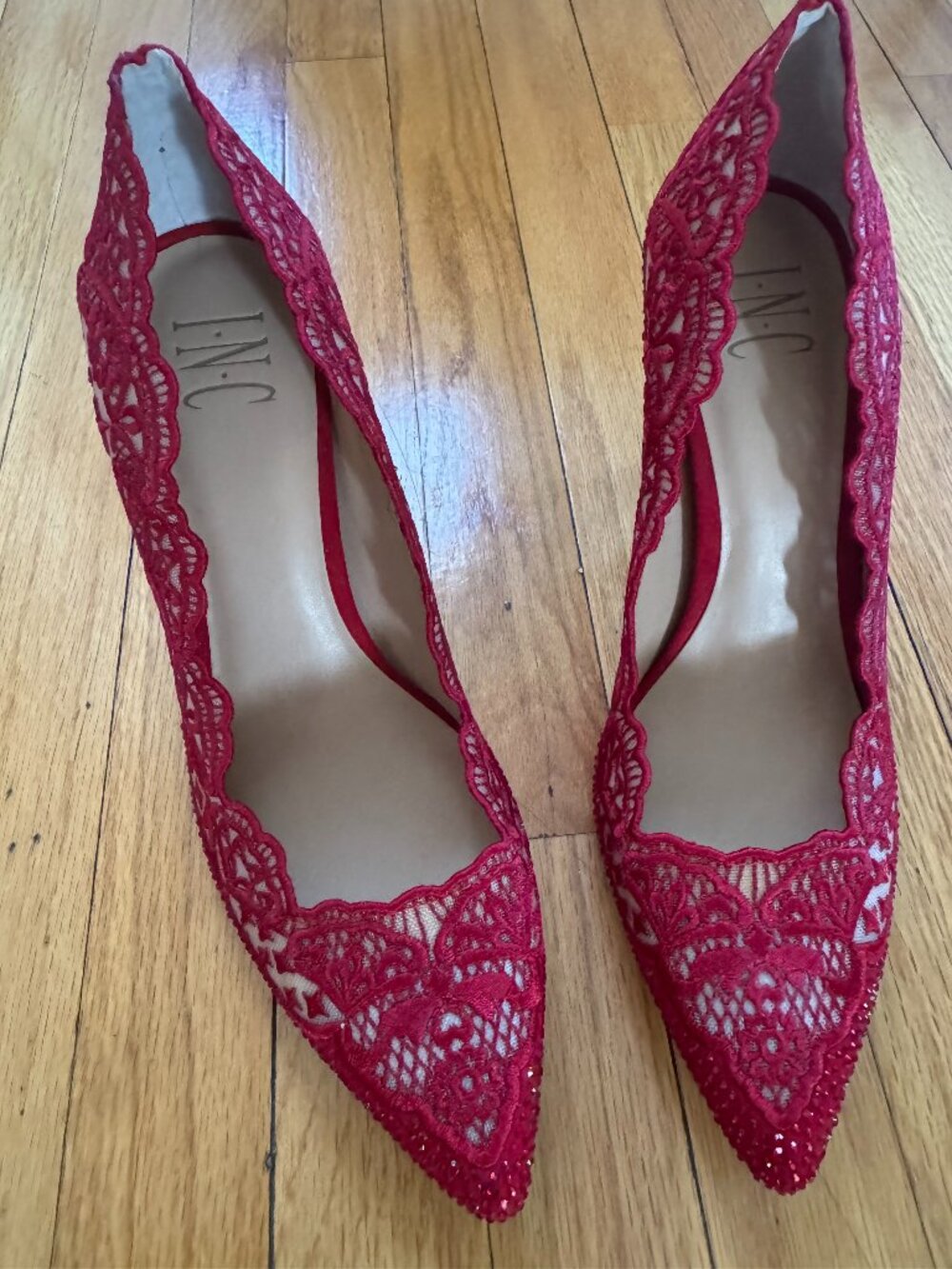 INC International Concepts Red Lace Rhinestone Pointed Toe Stiletto Heels Size 8